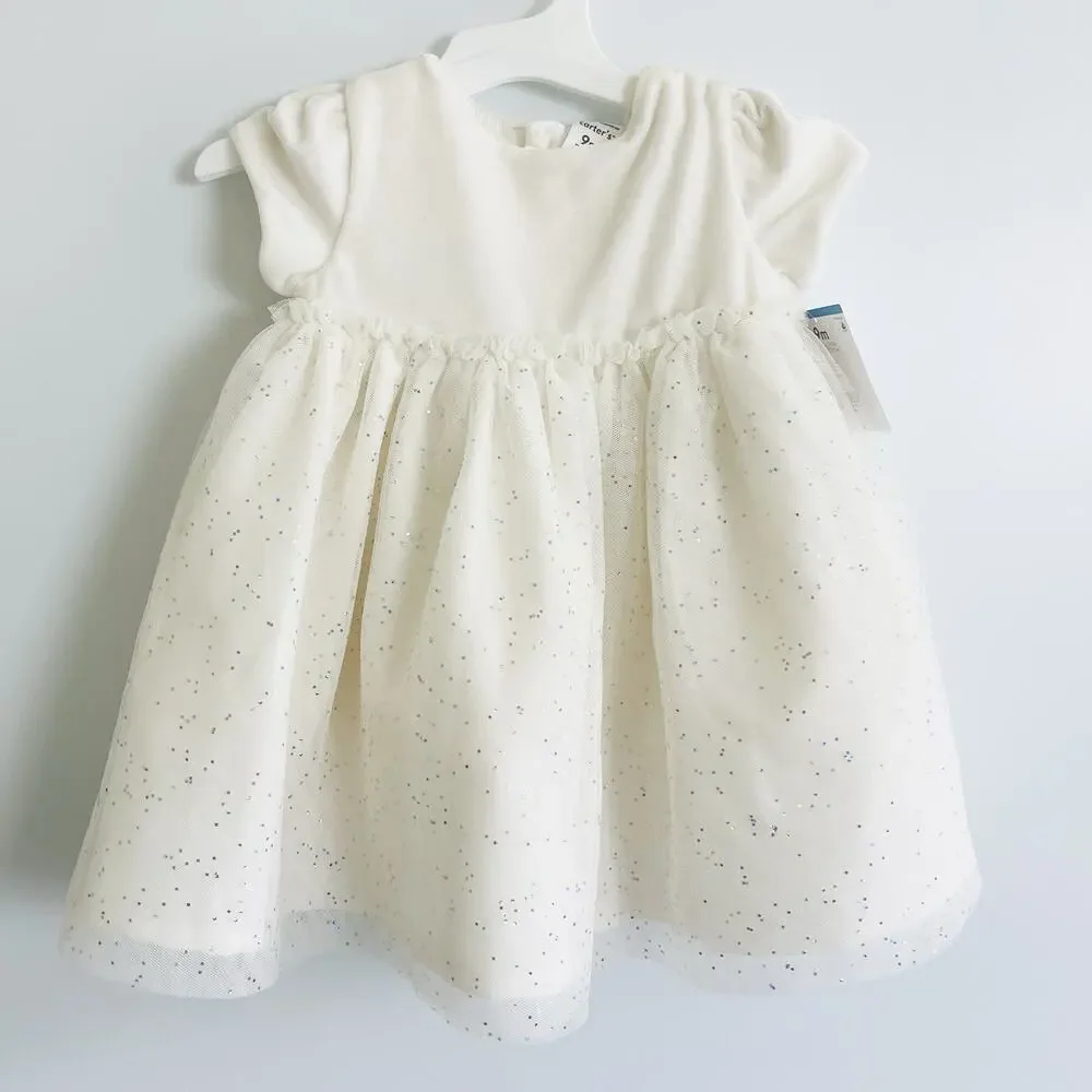 Baby Girls Carters Short Sleeve Off White‎ Sparkly Tulle Mesh Dress -9 Months